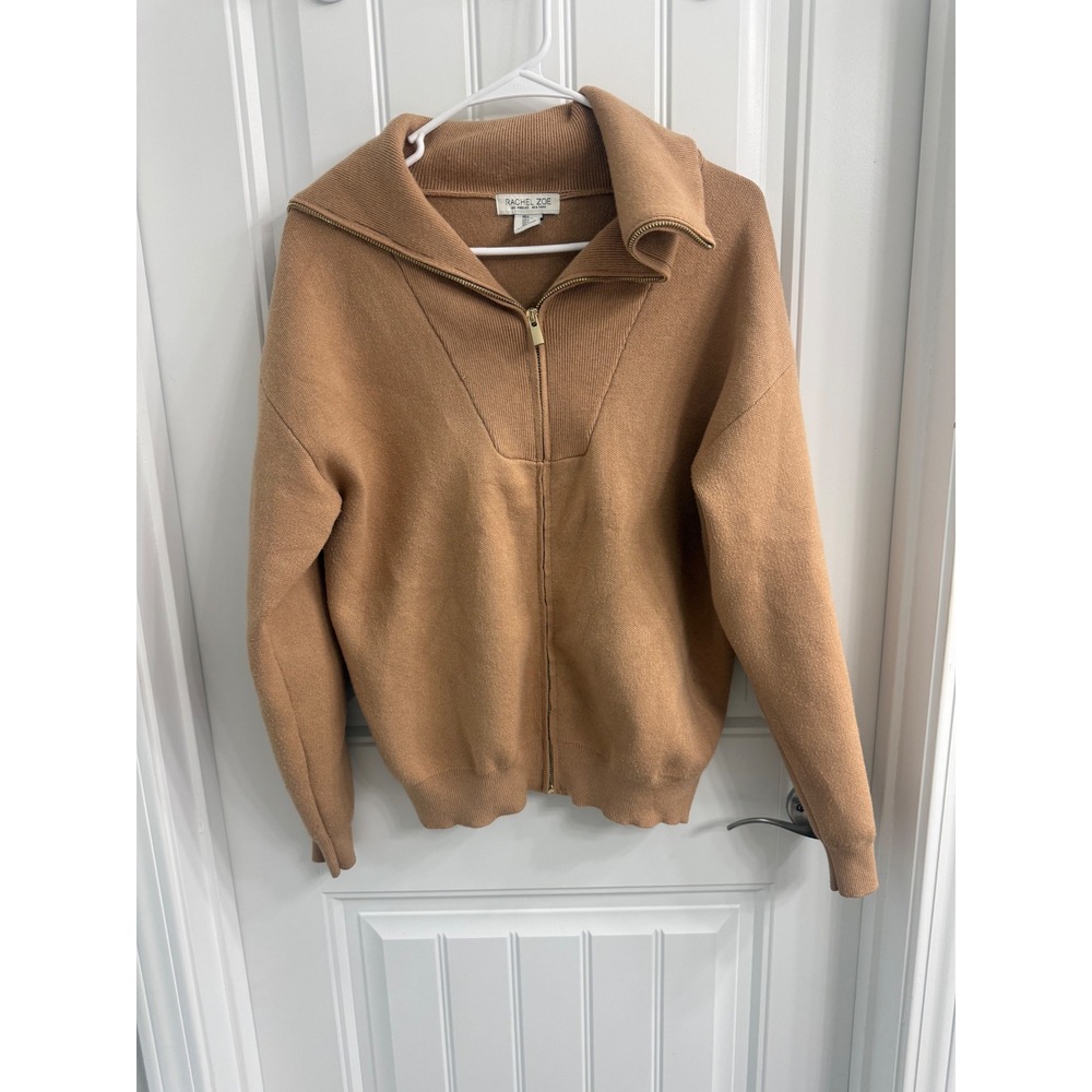Rachel Zoe Camel Tan Full Zip Knit Sweater Oversized Collar Womens Large